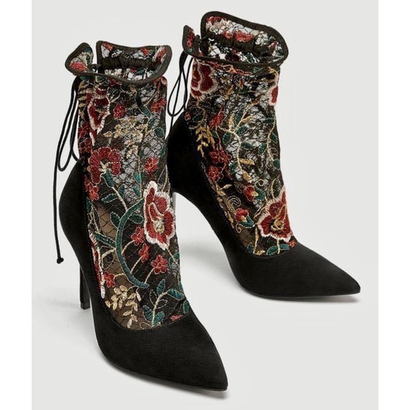 ZARA Black Floral Embroidery Sock Heels - Picture 12 of 14